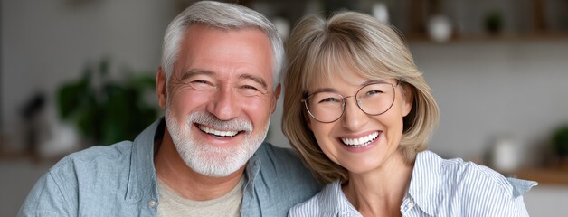 Joyful moments shared by a senior couple in casual clothes, laughing together while surrounded by a warm home atmosphere