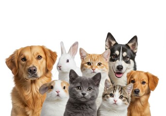 A cheerful portrait of dogs, cats, and a rabbit together, looking at the camera.