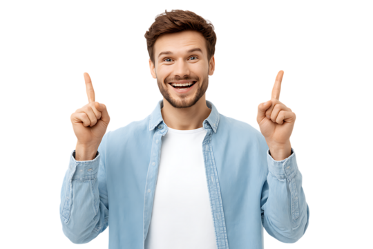 Happy man pointing upwards with both index fingers.