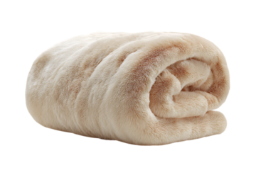 Rolled up beige plush blanket, soft and cozy.