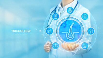 Trichology and Dermatology concept. Hair loss, growth, transplant, removal, care. Hair follicle treatment. Doctor holding in hand Hair icon and medical icons network connection. Vector illustration.