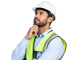 Construction Worker in Protective Gear Gazing Upwards, Transparent Background