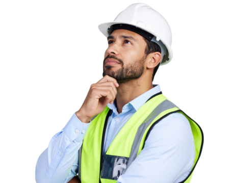 Construction Worker in Protective Gear Gazing Upwards, Transparent Background