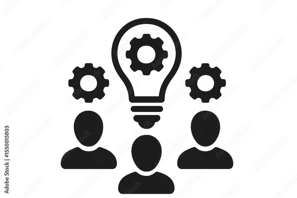 Poster teamwork icon depicting diverse professionals connecting gears, collaborative lightbulb highlighting