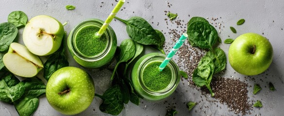 The refreshing green smoothies with apple and spinach garnished with chia seeds.
