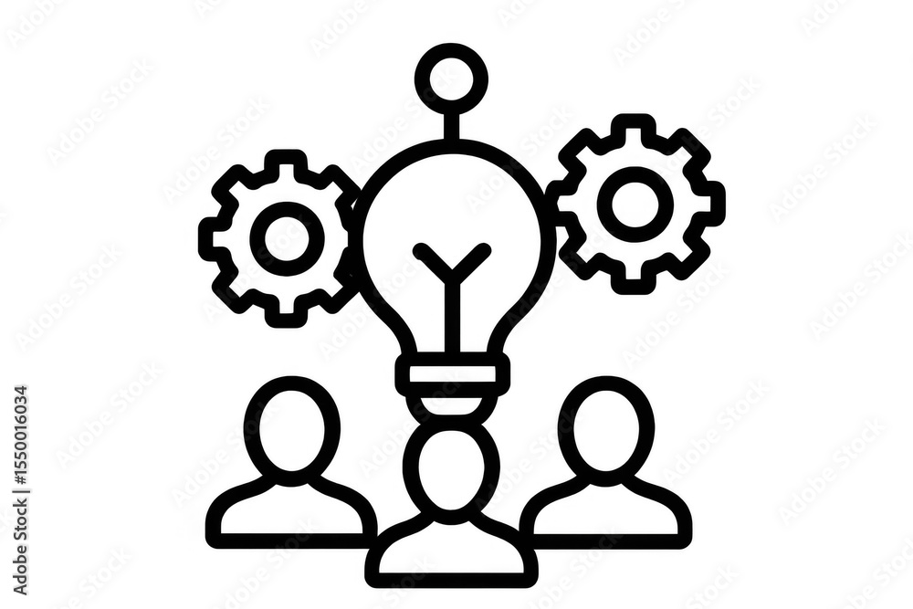 Poster collaborative professional team brainstorming project, sharing innovative lightbulb insights, connec