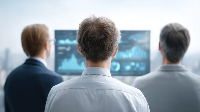 Three professionals analyze data and charts displayed on a large screen in a modern office setting.