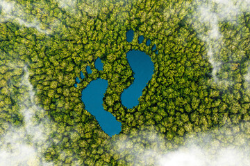 Footprint-shaped lake in a verdant forest, emblematic of human impact on terrain, with undertones...