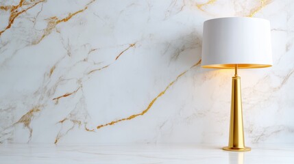 A stylish modern lamp with a white shade stands against a beautifully veined marble wall featuring shiny golden accents, creating a luxurious ambiance.