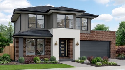 A sleek, modern house features a terracotta entrance, car parking, and a minimalist design surrounded by nature during the day