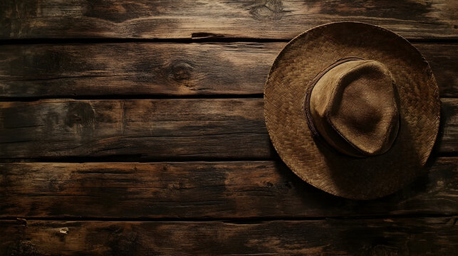 un sombrero vaquero o tejana sobre una mesa de madera o tarima de madera con espacio de copia estilo oeste o rodeo 
