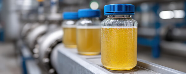 Transparent jars filled with a yellow liquid lined up on an industrial metal conveyor in a factory setting.