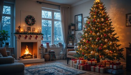 Cozy Holiday Evening With Decorated Christmas Tree and Warm Fireplace Glow