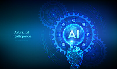 AI. Artificial Intelligence. Machine Learning Concept. Big data. Neural networks. Wavy grid sphere. Wireframe hand touching digital interface with connected gears cogs and icons. Vector illustration.