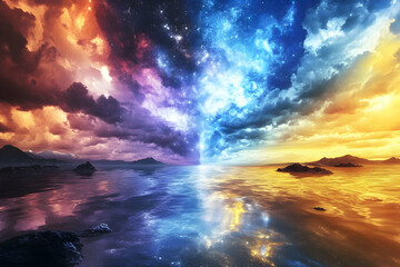 Naklejka premium Surreal sky meeting ocean at sunset with vibrant colors and reflections