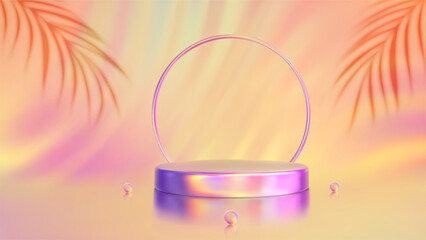 Product podium with a palm leaves shadows. Hot summer sale. Discount percent. Mega sale special offer. Stage podium, pedestal, platform. Bright warm summer colors. Orange, purple, pink, yellow. Vector