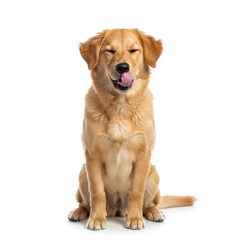 A golden retriever dog licks its nose while sitting isolated on white.