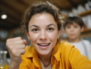 A joyful young woman wearing a yellow shirt smiles energetically, making a fist gesture with a blurred person in the background indoors.