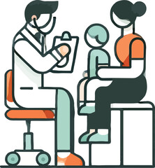 Pediatrician examining a child with mother present in a healthcare appointment illustration