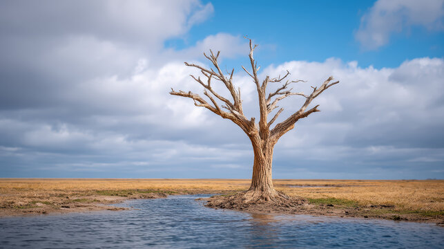A solitary, leafless tree stands in a flooded plain under a cloudy blue sky, symbolizing drought and environmental stress.