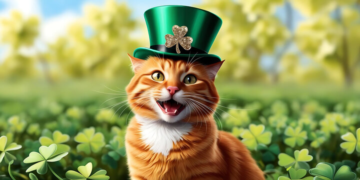 Cheerful Orange Cat in Green St. Patrick's Day Hat Sitting Among Clovers with Festive Charm

