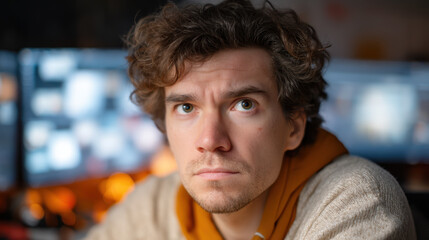 A young man with curly hair and intense eyes stares directly at the camera in a softly lit indoor setting with blurred computer screens in the background.