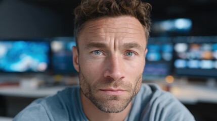 Close-up of a serious man with blue eyes and a beard, looking directly at the camera in a dimly lit tech or control room environment.