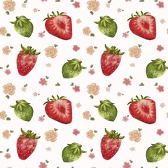 Seamless pattern with red and green strawberries and soft watercolor flowers on a white background