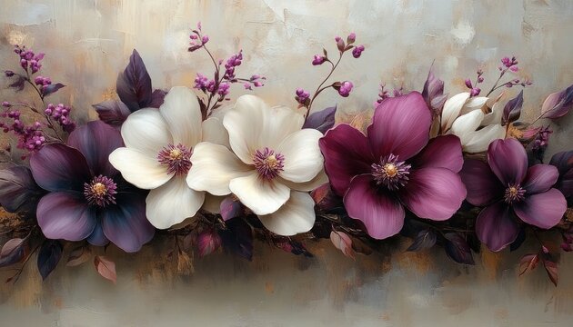 Lovely floral painting with white and purple flowers on canvas background. Use for invitations, cards, and to add an artistic touch to your projects.