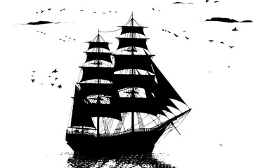 black silhouette of a sailing ship with black sails in the ocean or sea bird, black, ocean, sail, sailboat, sailing ship, sea, ship, silhouette, water 
