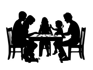 a black silhouette of a family sitting around a table with children playing adult, black, child, family, people, play, silhouette, sit, sit around, table