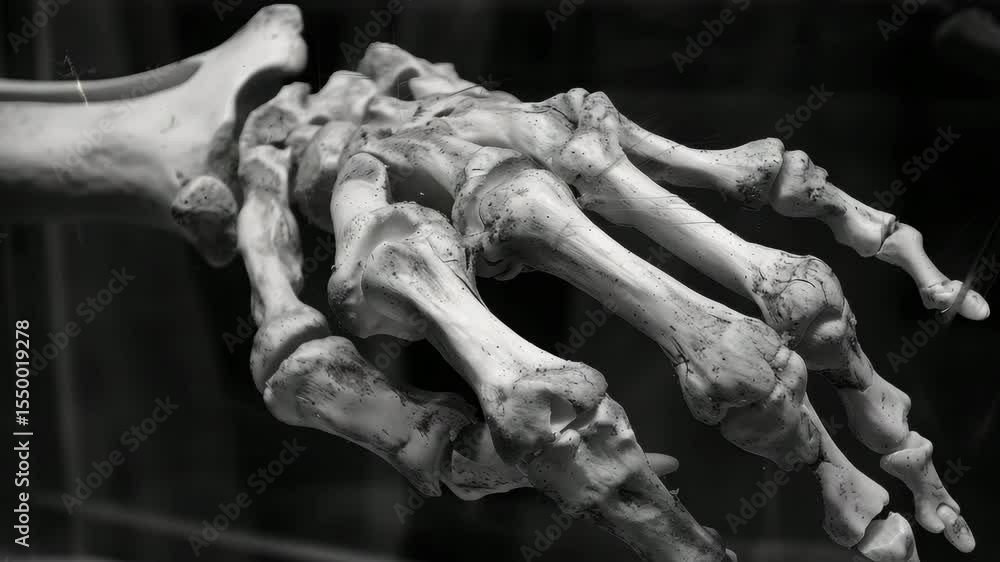 Poster Detailed high resolution exploration of a human skeleton hand showing intricate bone structure in a museum setting