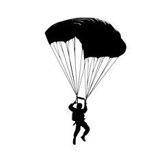 a black silhouette of a person parasailing on a white background black, man, parachute, person, silhouette 