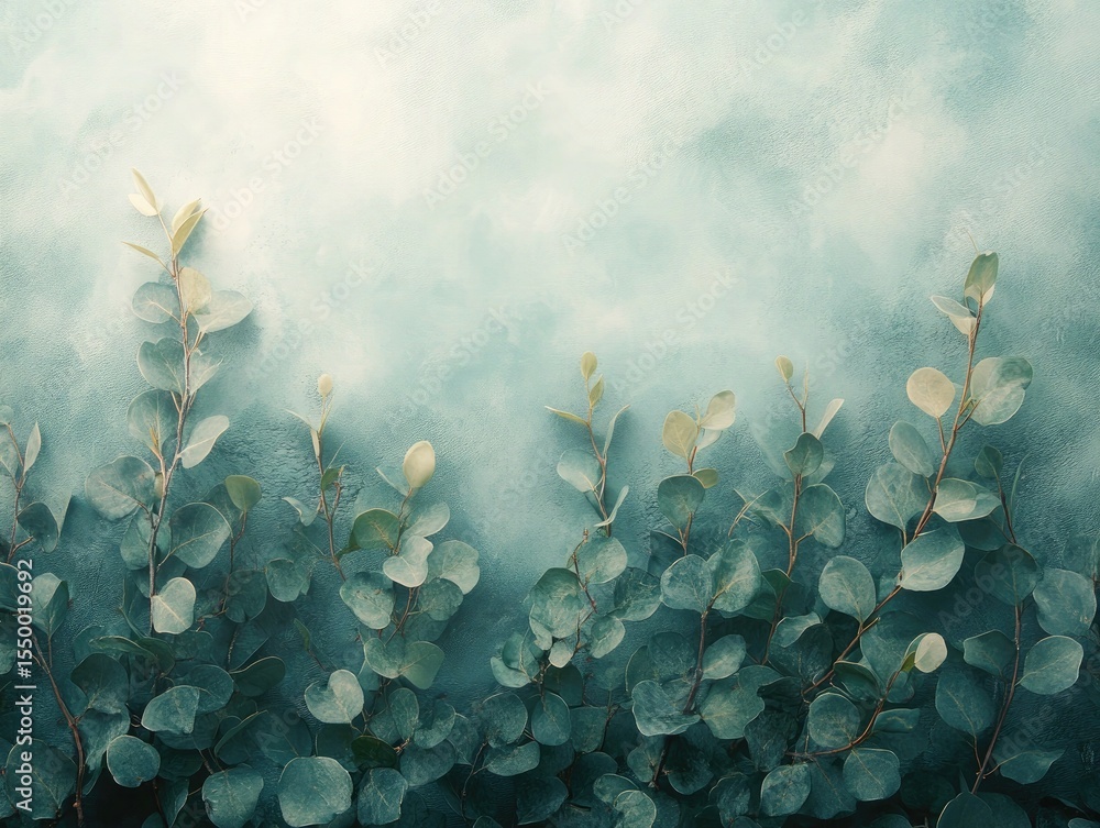 Poster eucalyptus branches frame a textured blue background with soft light from above. use as background f