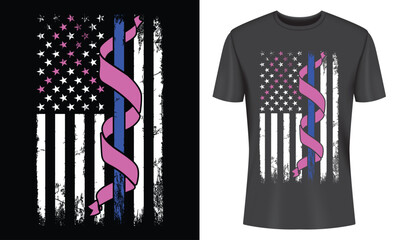 Distressed American Flag T-Shirt Design featuring a Thin Blue Line and Pink Ribbon
