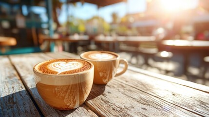Two beautifully crafted coffee cups with heart latte art sit on a rustic wooden table, inviting warmth and comfort, perfect for sharing moments of joy and connection over a drink.