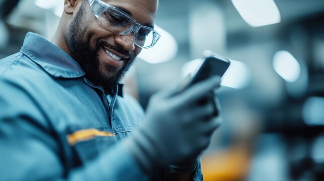 A happy man wearing protective glasses and gloves checks his smartphone while working in a vibrant workshop, showcasing the blend of modern technology and human emotion.