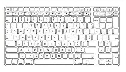 A clean, minimalist illustration of a white wireless keyboard with black lettering, showcasing a standard QWERTY layout and various function keys.  The keyboard is depicted from a top-down perspective