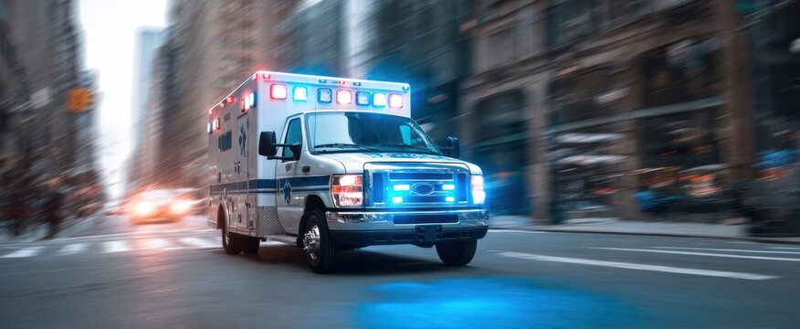 The ambulance rapidly responds to an emergency in a bustling city street.