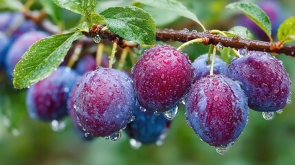 Juicy plums hang on branches, covered in sparkling water droplets. The vibrant fruits contrast with rich green leaves, creating a refreshing garden atmosphere in the morning light.