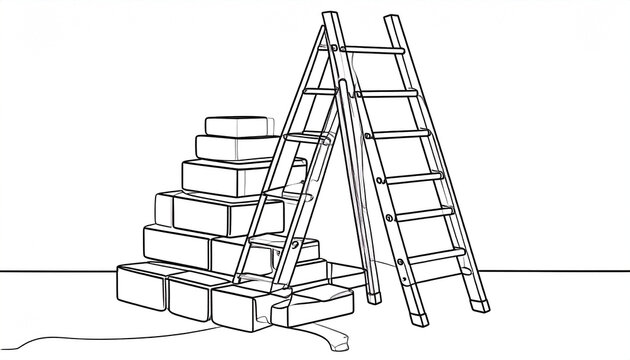 A line drawing depicts two ladders, one leaning against a stacked pyramid of blocks, implying construction or achievement.  One block stack is unstable