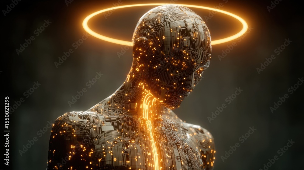 Poster a humanoid figure composed of intricate circuits stands in a dark setting, illuminated by a glowing 