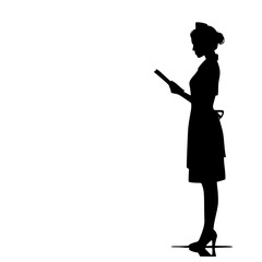 a black silhouette of a woman reading a book with a tablet in her hands black, book, hand, hold, read, silhouette, stand, tablet, woman , Generative art.