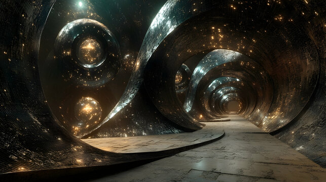 Futuristic sci-fi tunnel with illuminated metallic arches and starry ambiance