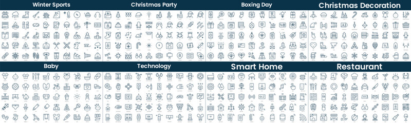 Linear Style Icons Pack. In this bundle include winter sports, christmas party, boxing day, christmas decoration, baby, technology, smart home, restaurant