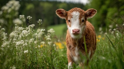 Obraz premium A young calf with brown and white fur stands curiously amidst wildflowers in a lush green field. The scene captures the essence of a vibrant spring day in the countryside.