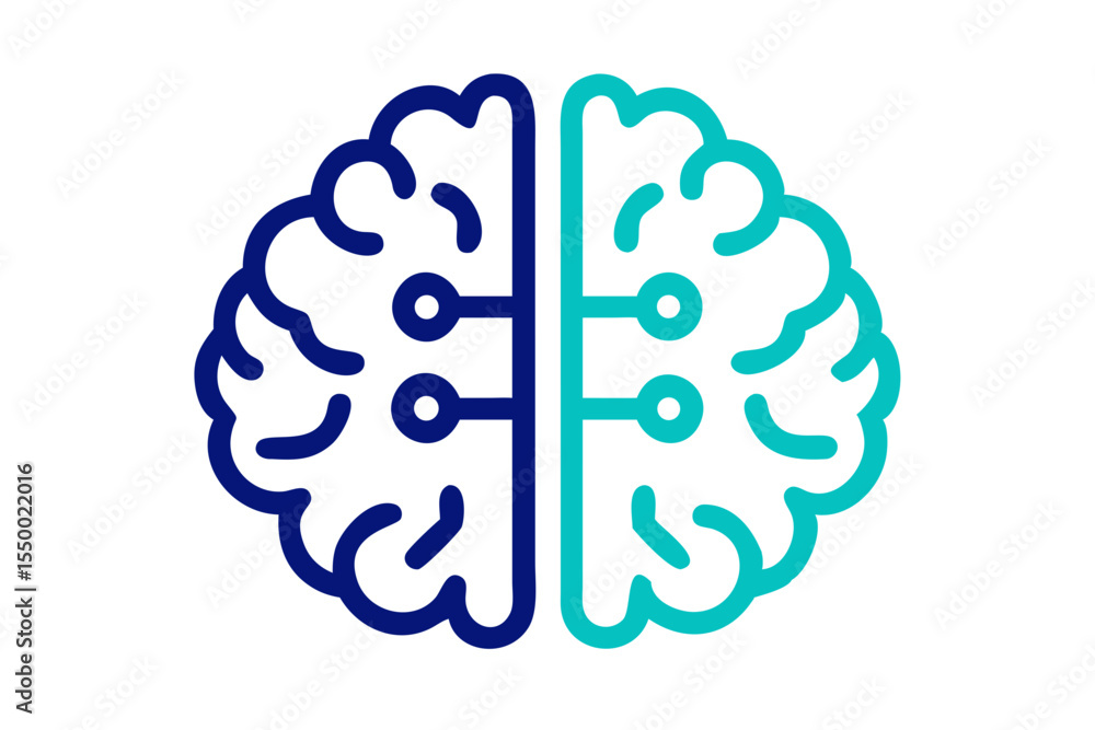 Poster abstract digital brain illustration with two distinct color hemispheres and connecting circuitry rep
