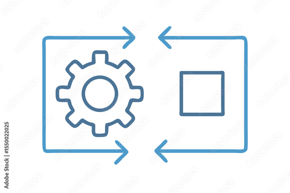 Poster conceptual diagram illustrating a cyclical process with a gear and a square connected by bidirection