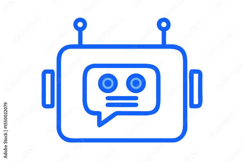 Poster friendly blue robot head with a chat bubble icon on its face representing artificial intelligence an