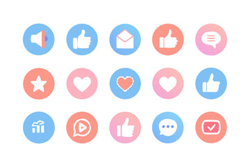 Collection of social media icons including likes hearts messages and more in colorful circles on black background